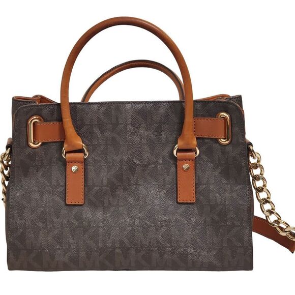 Michael Kors Hamilton bag Satchel Brown Logo Canvas Gold Chain Lock Shoulder - Picture 7 of 12